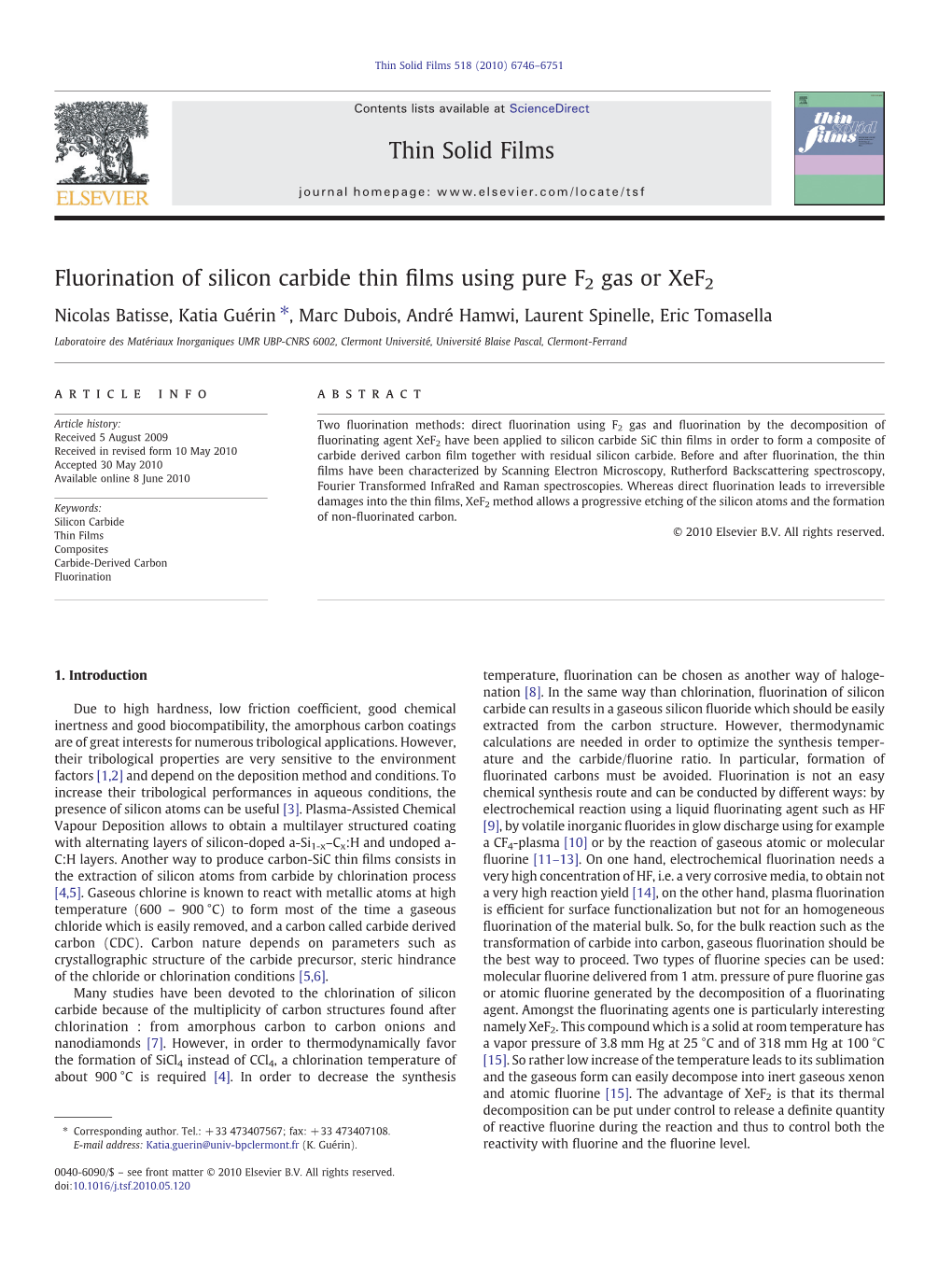 Fluorination of Silicon Carbide Thin Films Using Pure F2 Gas Or Xef2