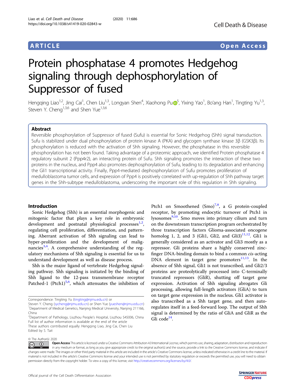 Protein Phosphatase 4 Promotes Hedgehog Signaling