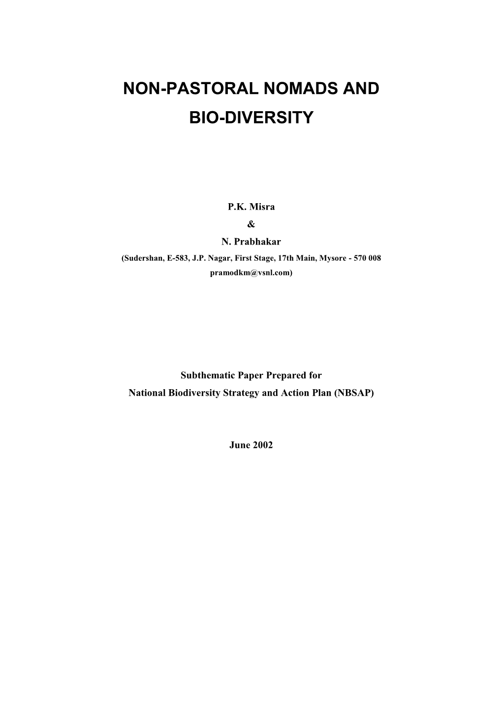 Non-Pastoral Nomads and Biodiversity Sub-Thematic BSAP