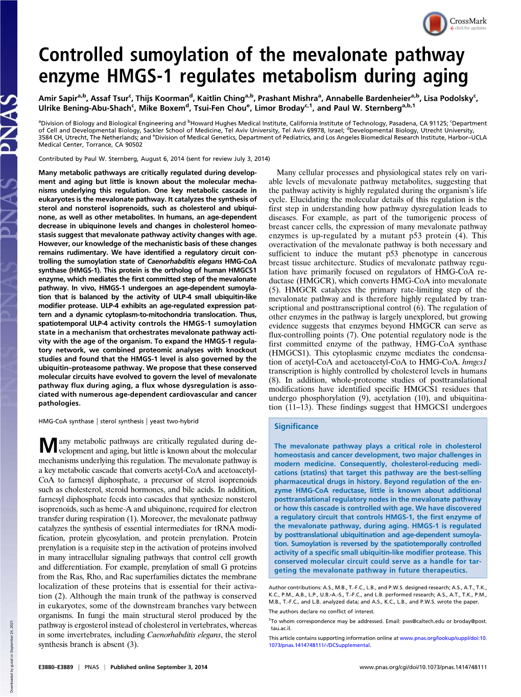 Controlled Sumoylation of the Mevalonate Pathway Enzyme HMGS-1 Regulates Metabolism During Aging