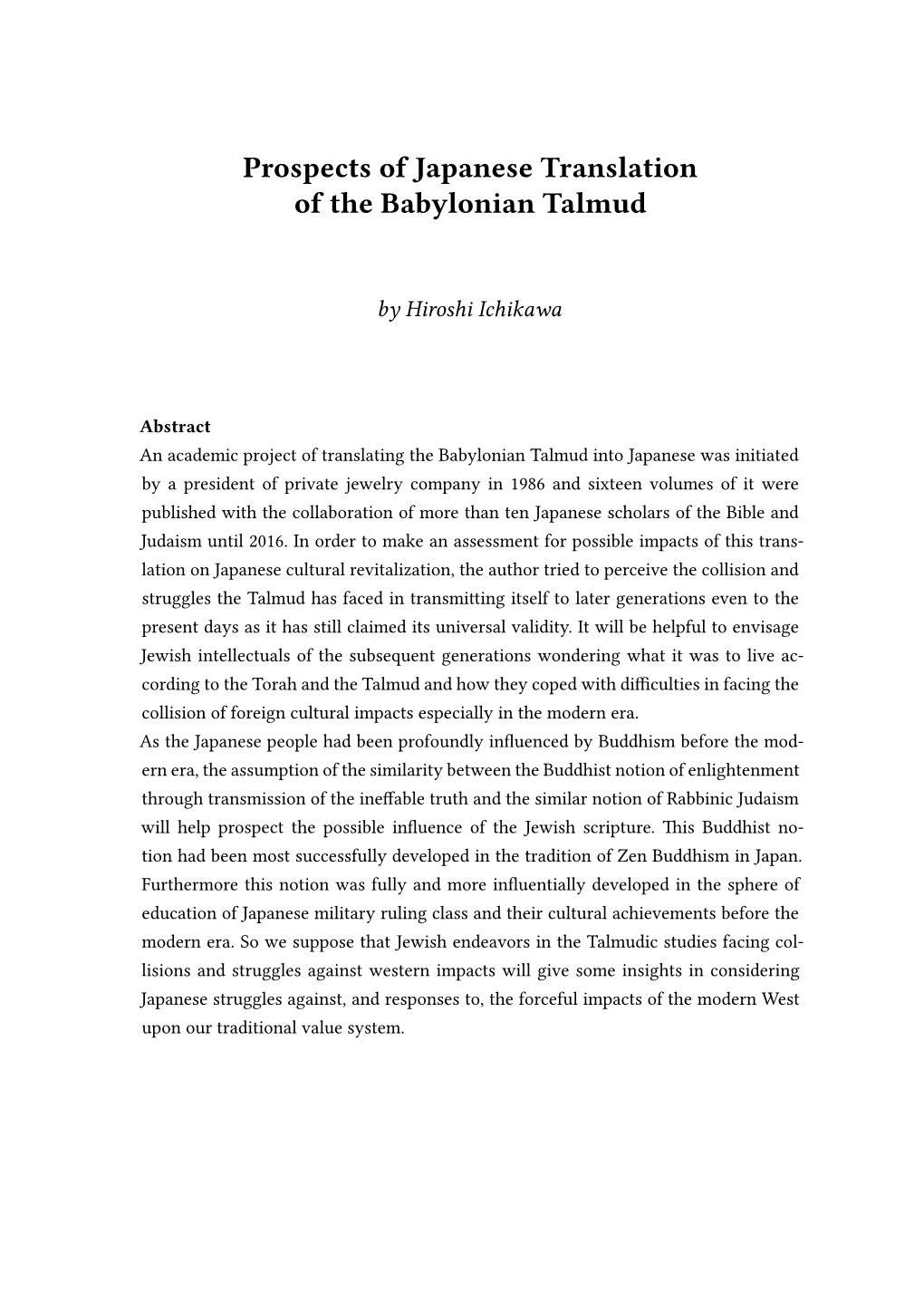 Prospects of Japanese Translation of the Babylonian Talmud