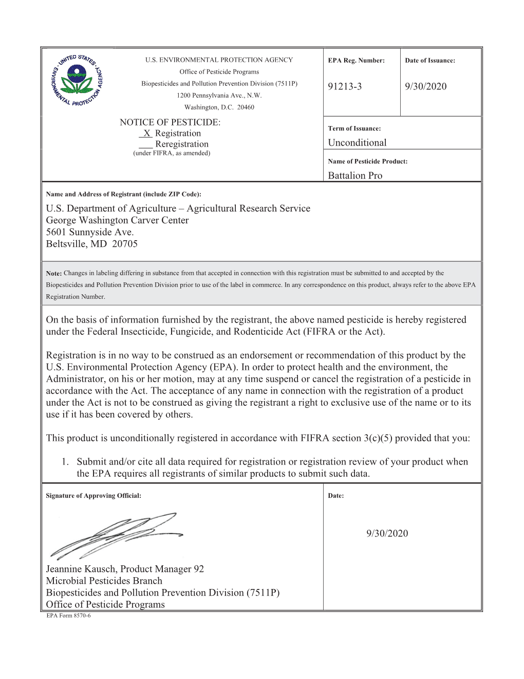 US EPA, Pesticide Product Label, Battalion Pro,09/30/2020