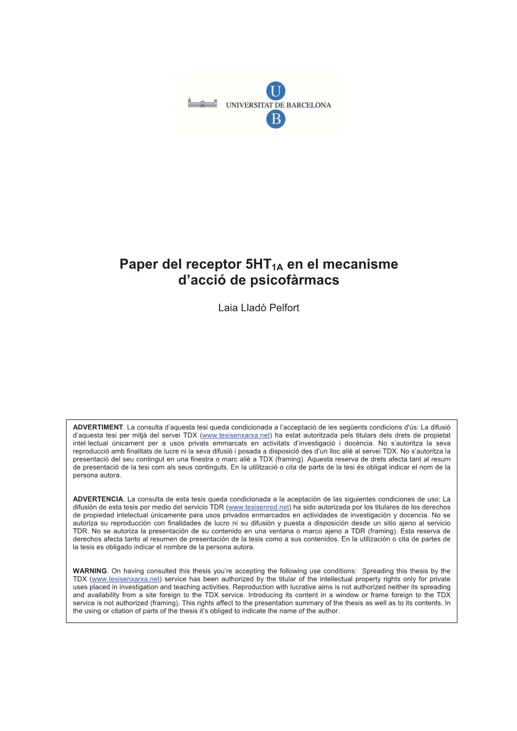 Paper Del Receptor 5HT1A En El Mecanisme D'acció De Psicofàrmacs