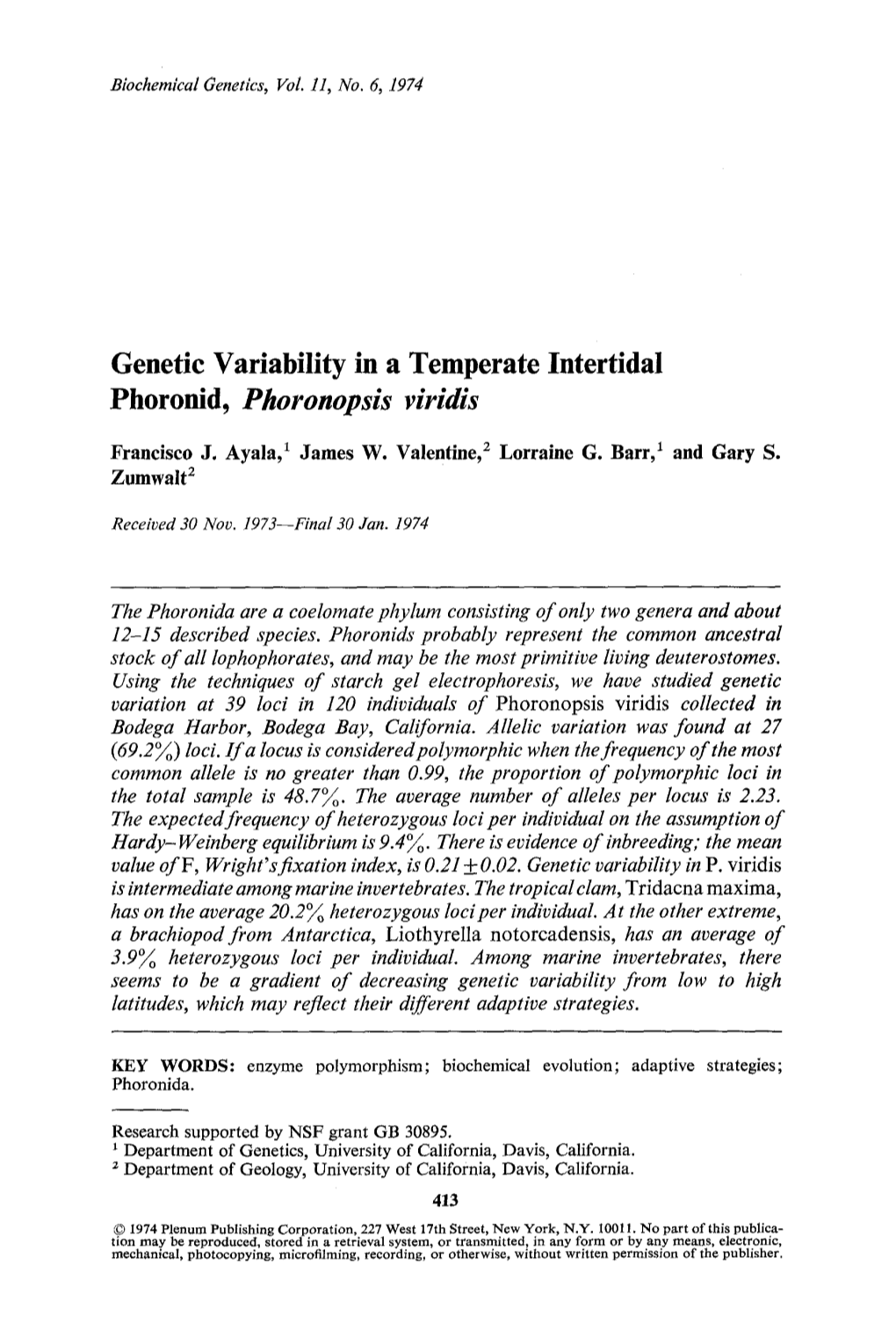 Genetic Variability in a Temperate Intertidal Phoronid, <Emphasis