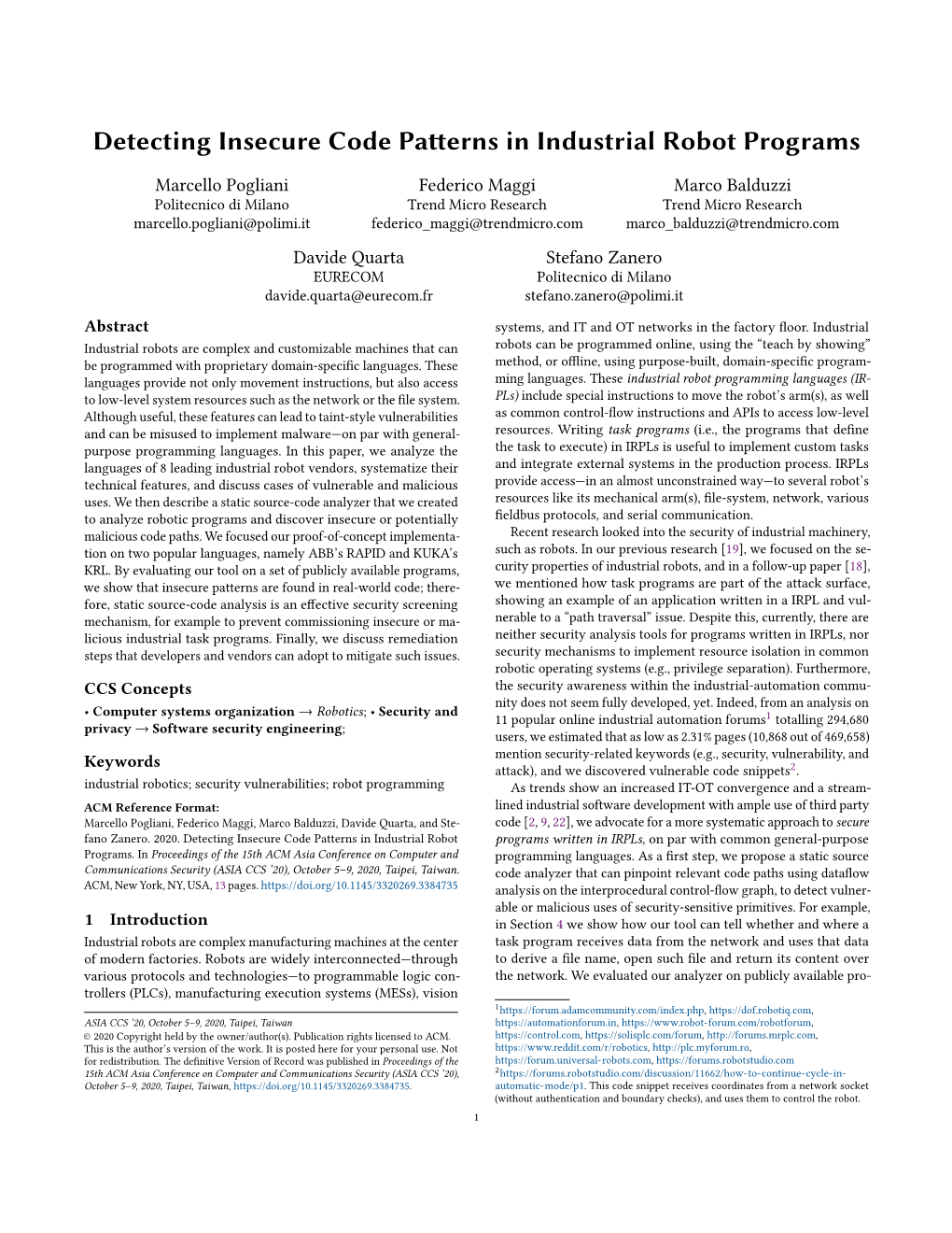 Detecting Insecure Code Patterns in Industrial Robot Programs