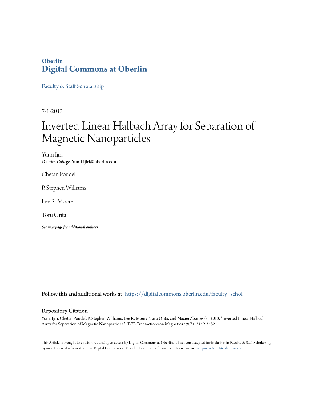 Inverted Linear Halbach Array for Separation of Magnetic Nanoparticles Yumi Ijiri Oberlin College, Yumi.Ijiri@Oberlin.Edu