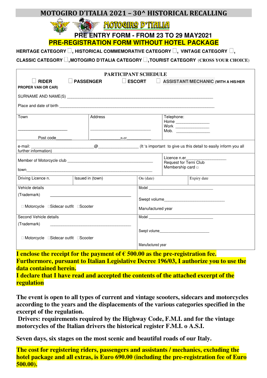 Entry Form and Rule Excerpt 2021