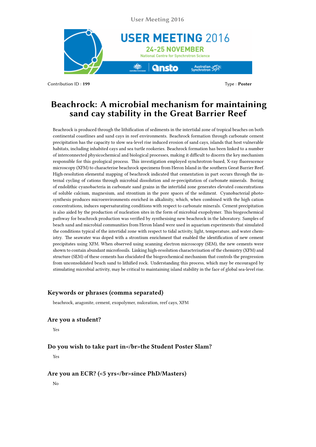 Beachrock: a Microbial Mechanism for Maintaining Sand Cay Stability in the Great Barrier Reef