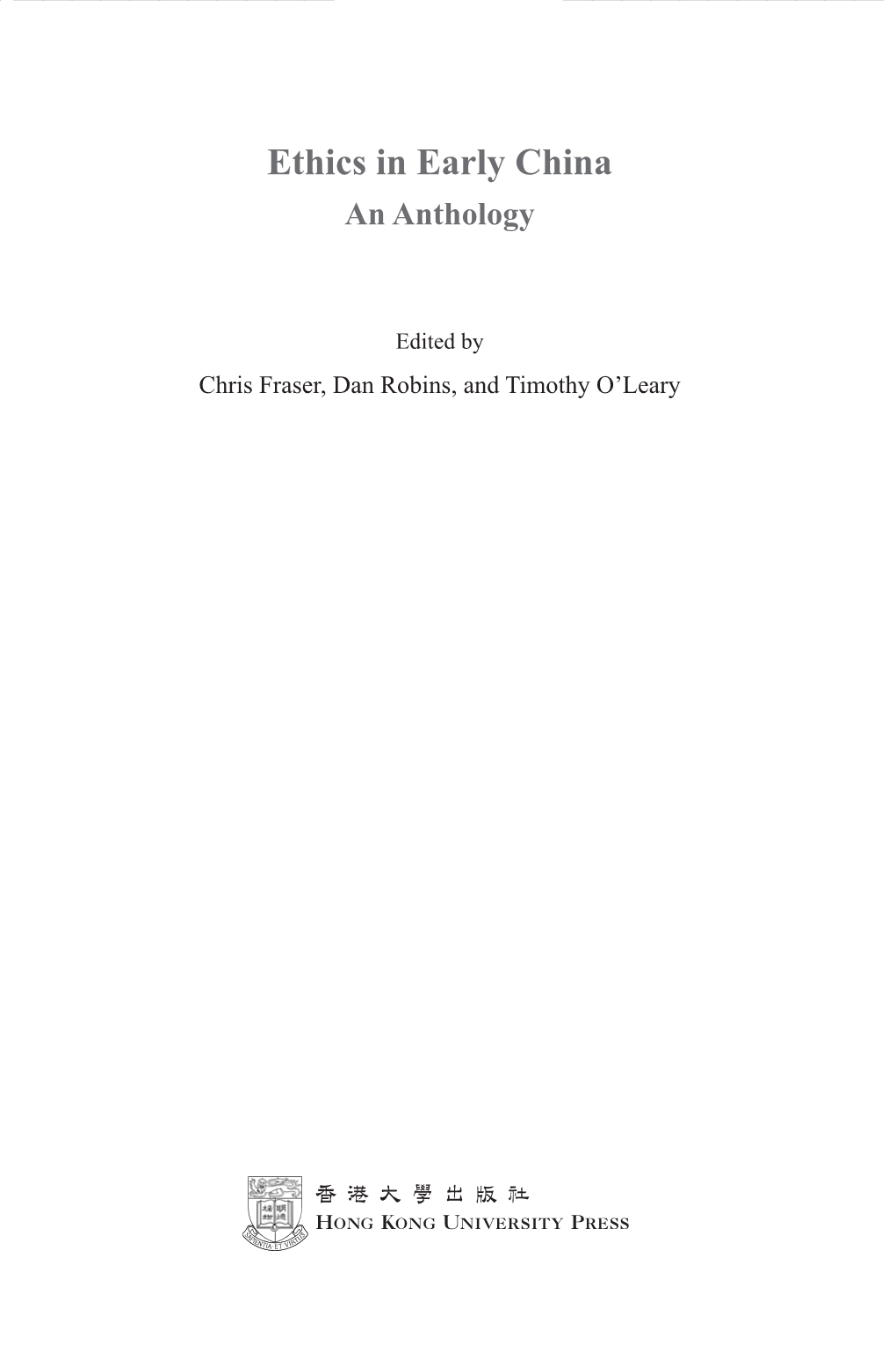 Ethics in Early China an Anthology