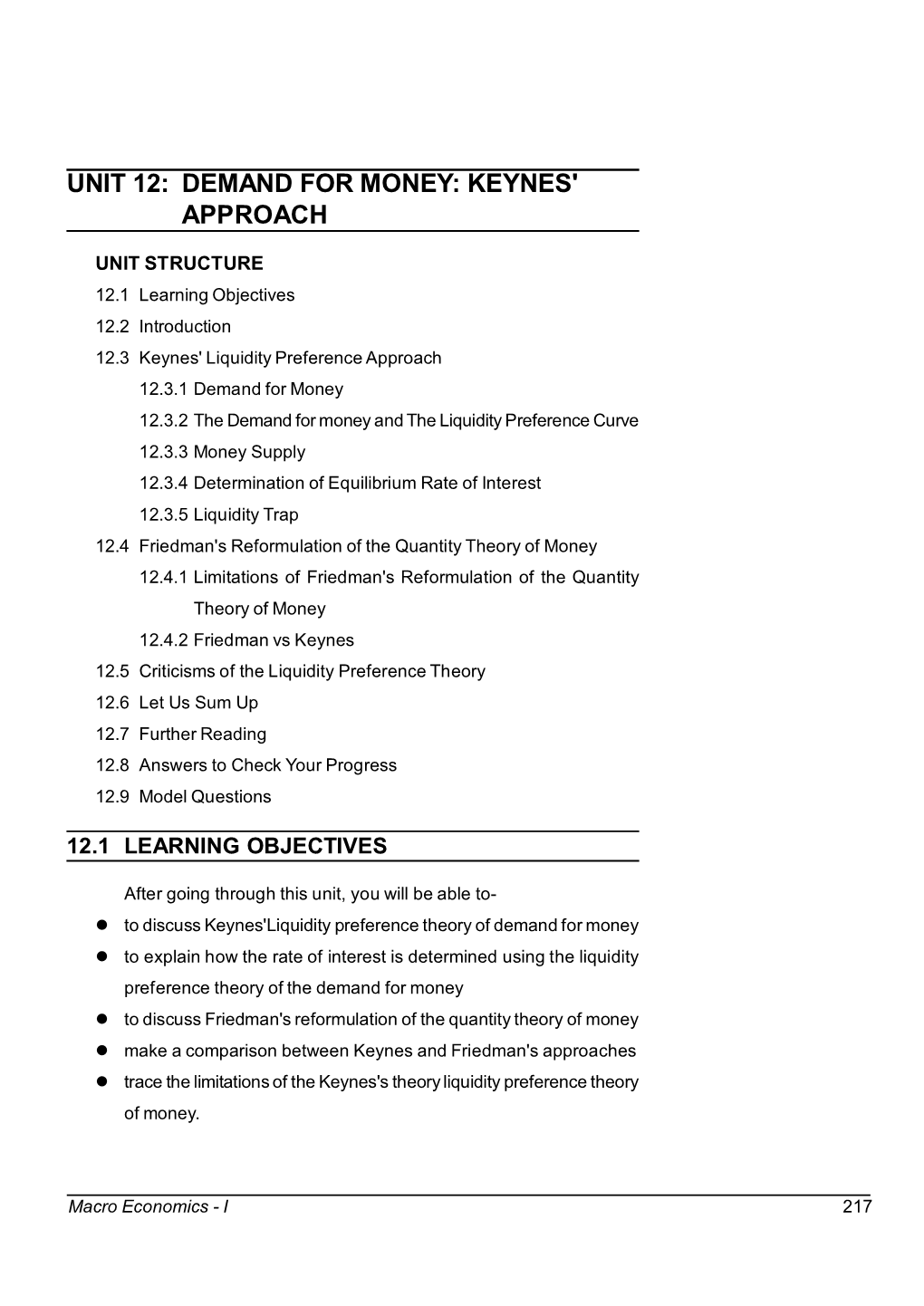 Unit 12: Demand for Money: Keynes' Approach