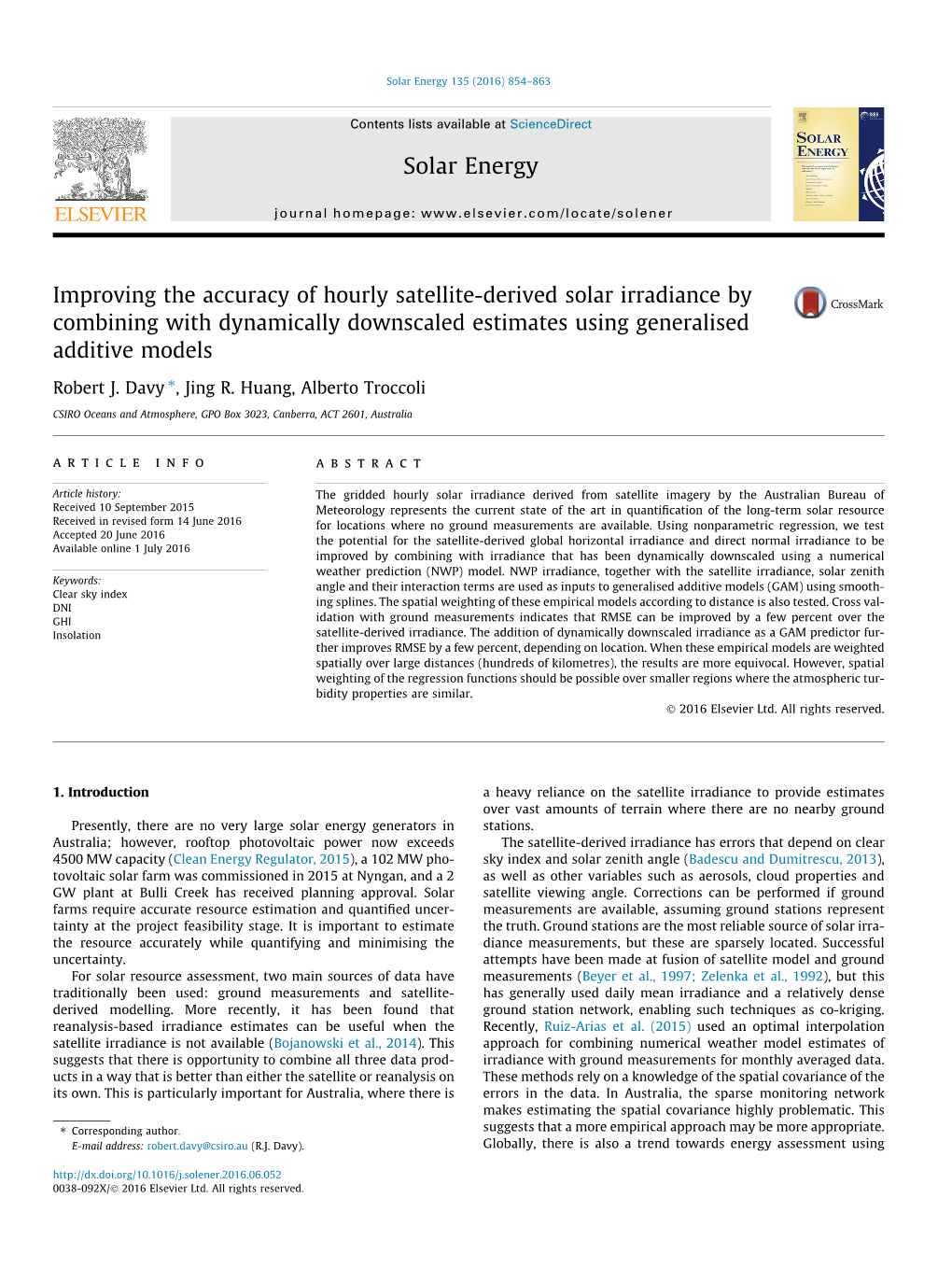 Improving the Accuracy of Hourly Satellite-Derived Solar Irradiance by Combining with Dynamically Downscaled Estimates Using Generalised Additive Models ⇑ Robert J