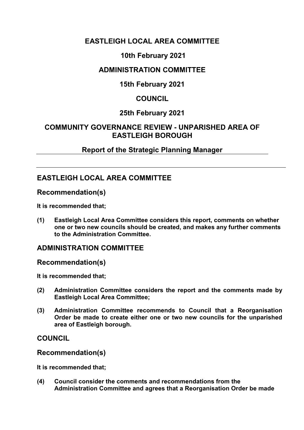 EASTLEIGH LOCAL AREA COMMITTEE 10Th February 2021