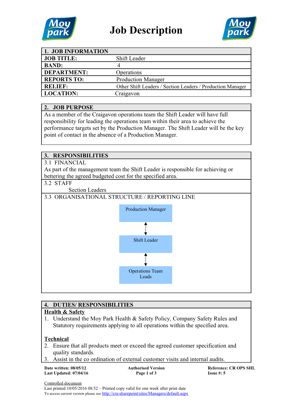 Date Written: 08/05/12 Authorised Version Reference: CR OPS SHL