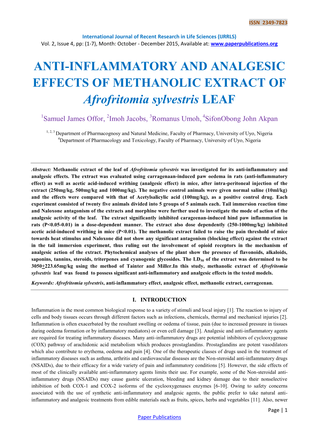 ANTI-INFLAMMATORY and ANALGESIC EFFECTS of METHANOLIC EXTRACT of Afrofritomia Sylvestris LEAF