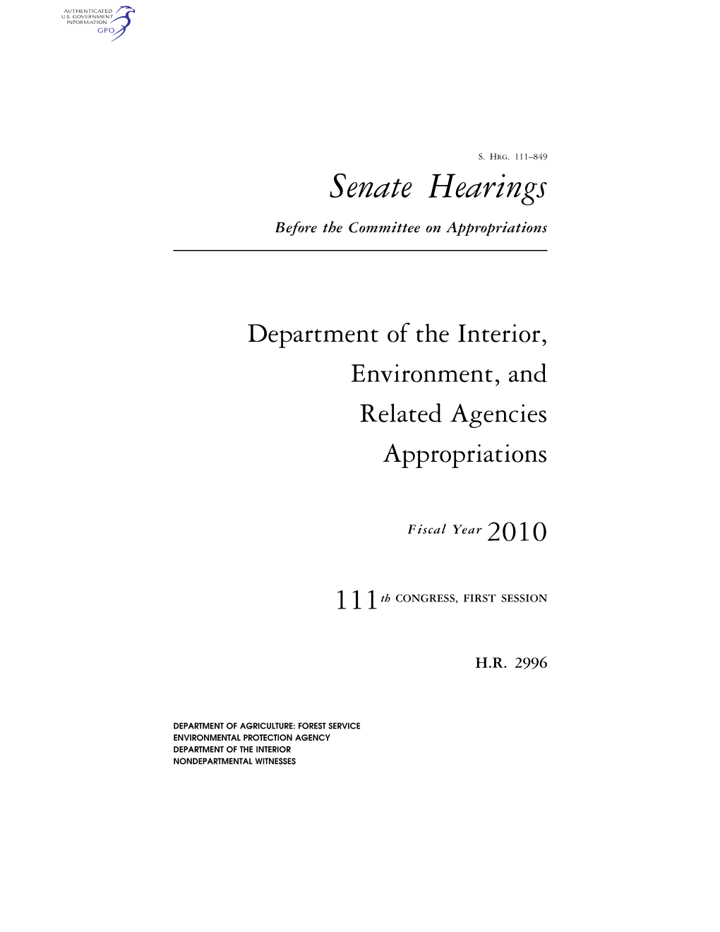 Senate Hearings Before the Committee on Appropriations