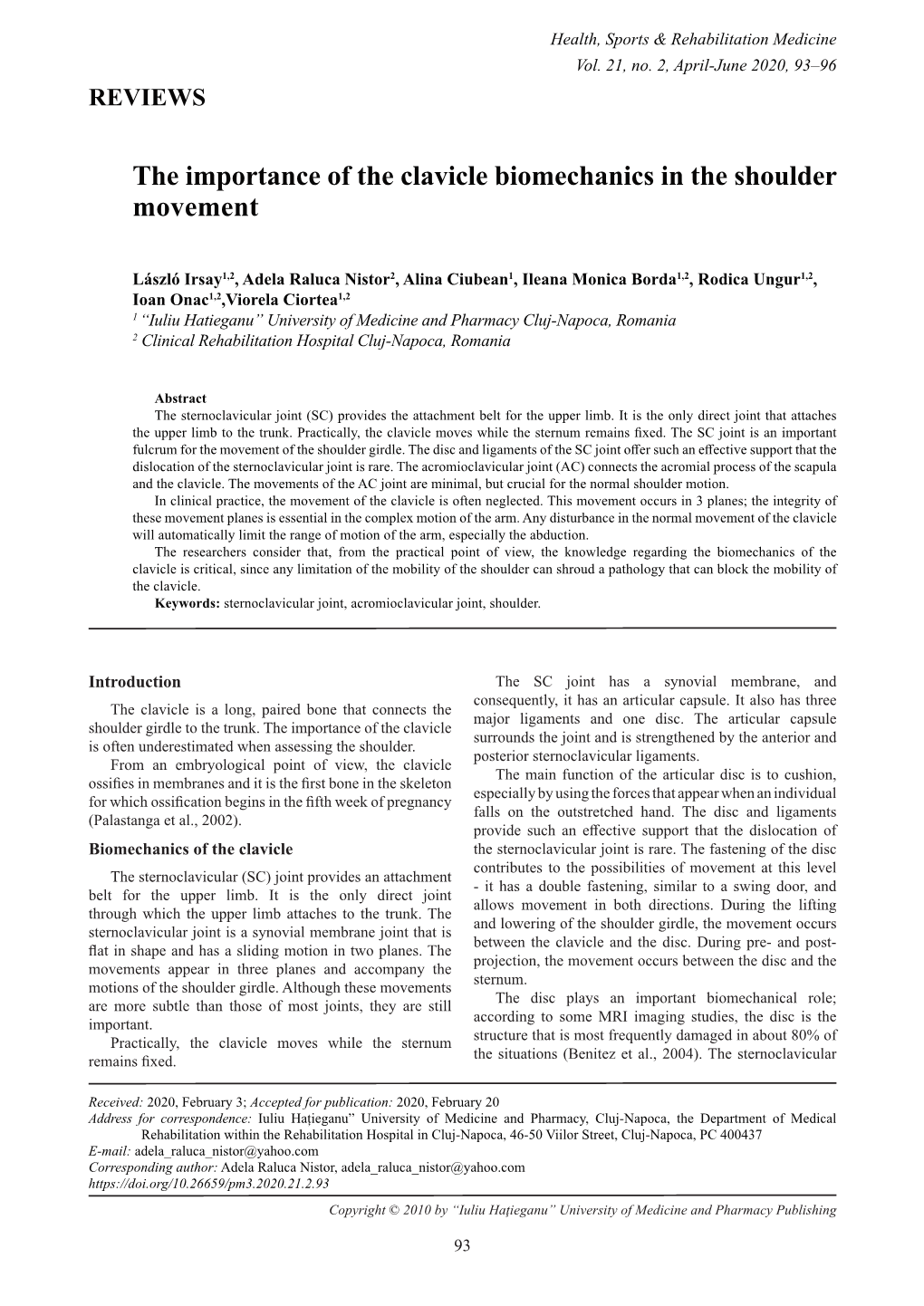 The Importance of the Clavicle Biomechanics in the Shoulder Movement