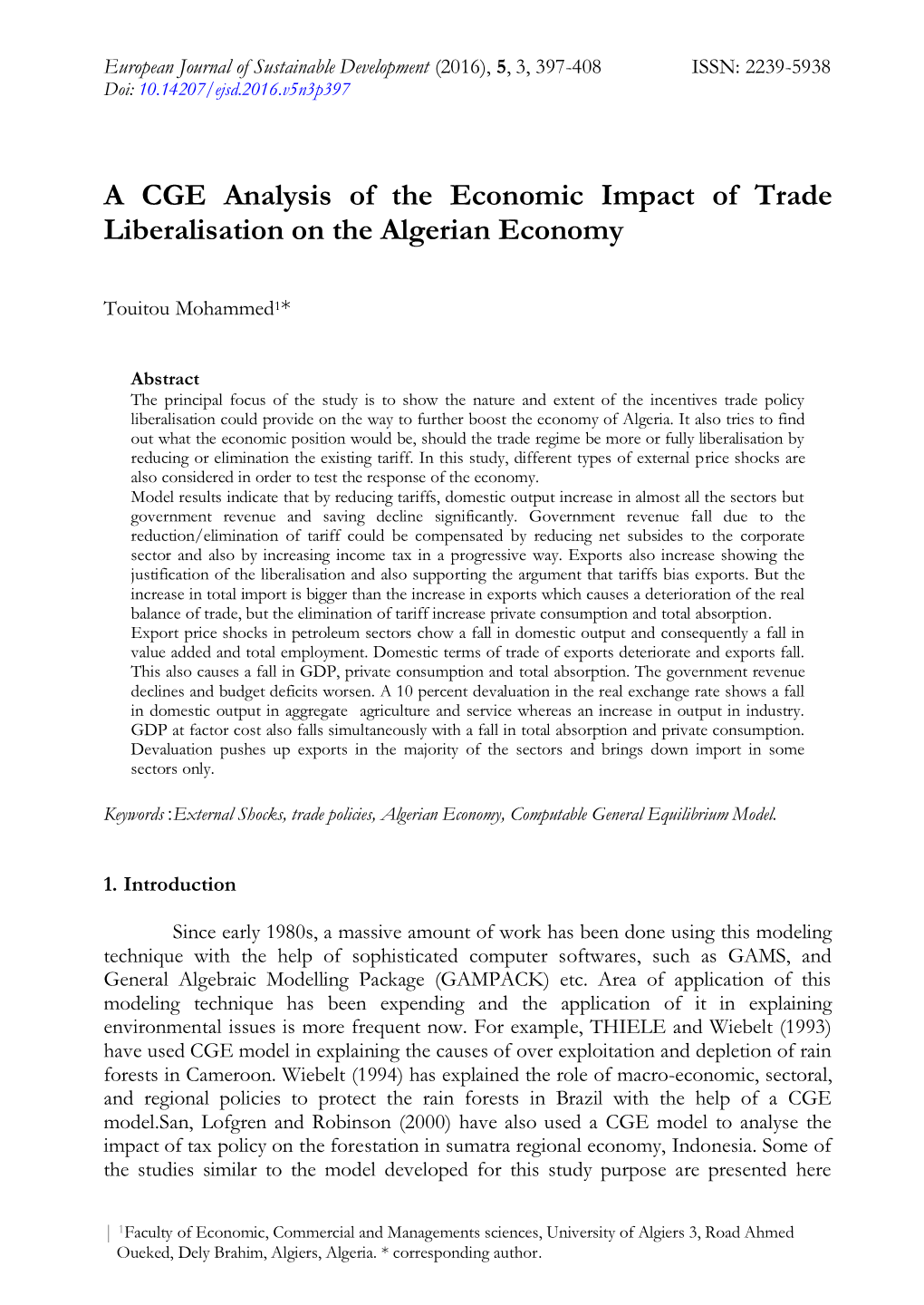 A CGE Analysis of the Economic Impact of Trade Liberalisation on the Algerian Economy