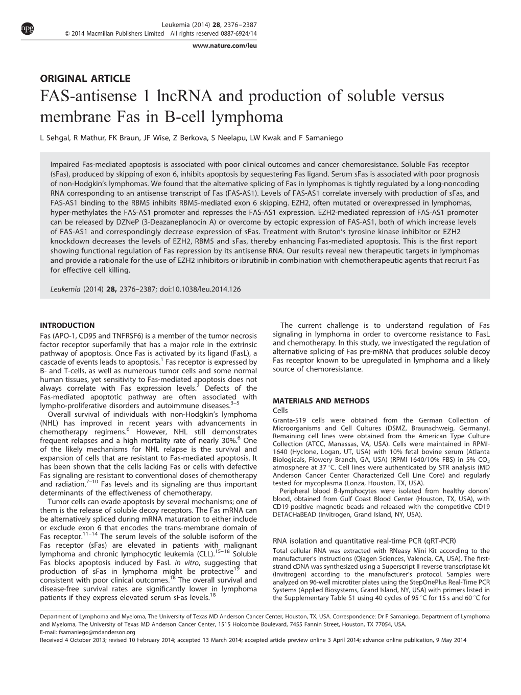 FAS-Antisense 1 Lncrna and Production of Soluble Versus Membrane Fas in B-Cell Lymphoma