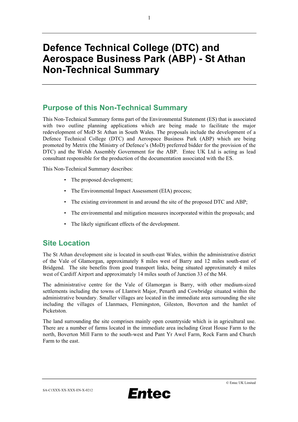 And Aerospace Business Park (ABP) - St Athan Non-Technical Summary