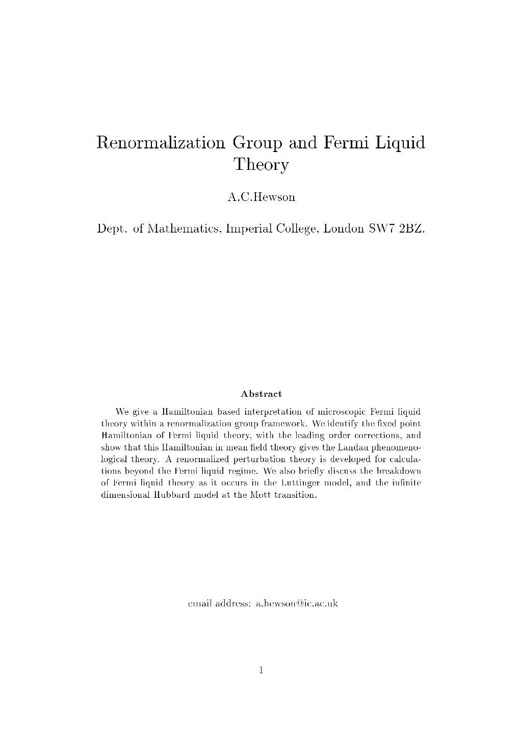 Renormalization Group and Fermi Liquid Theory