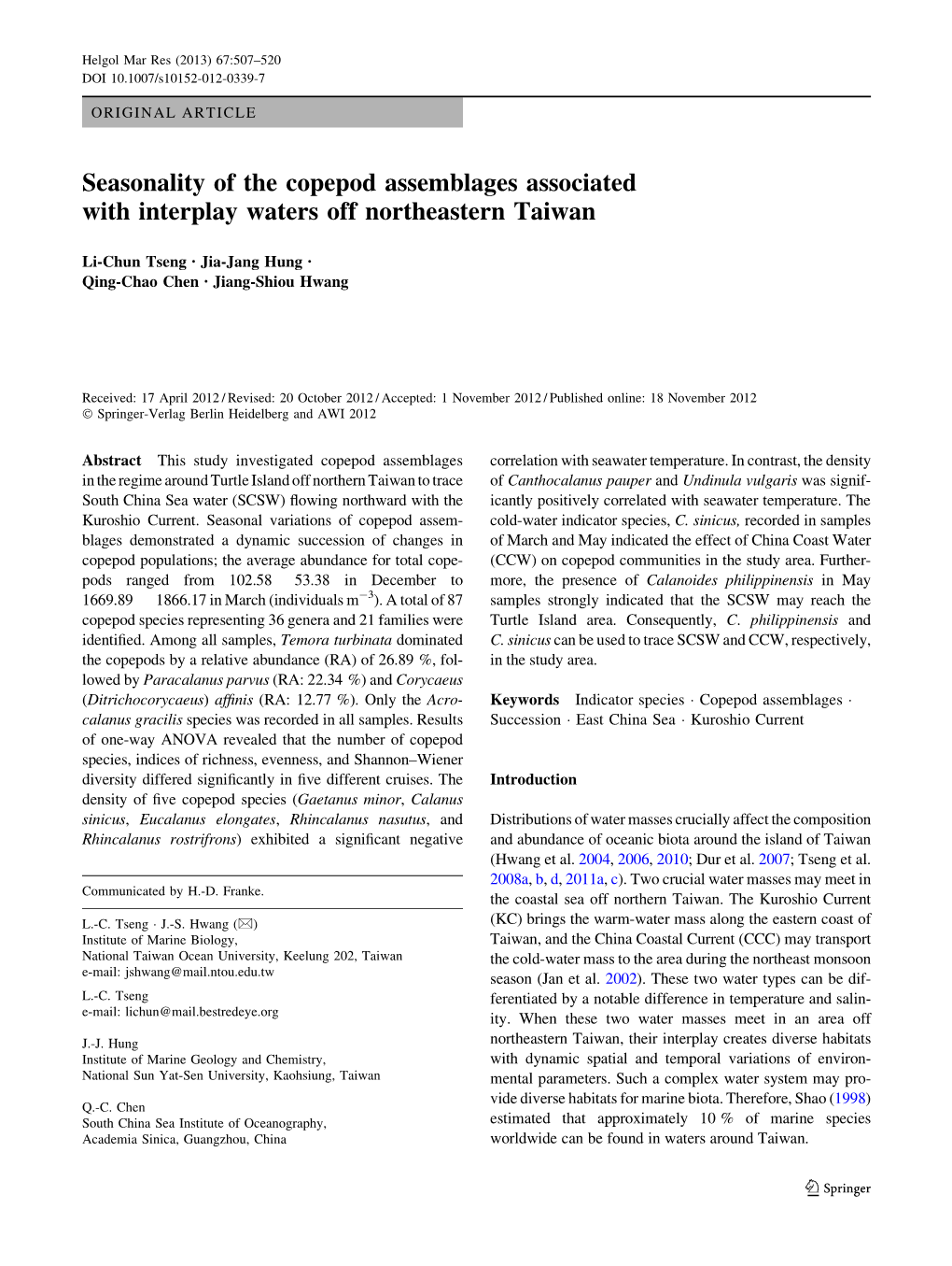 Seasonality of the Copepod Assemblages Associated with Interplay Waters Off Northeastern Taiwan