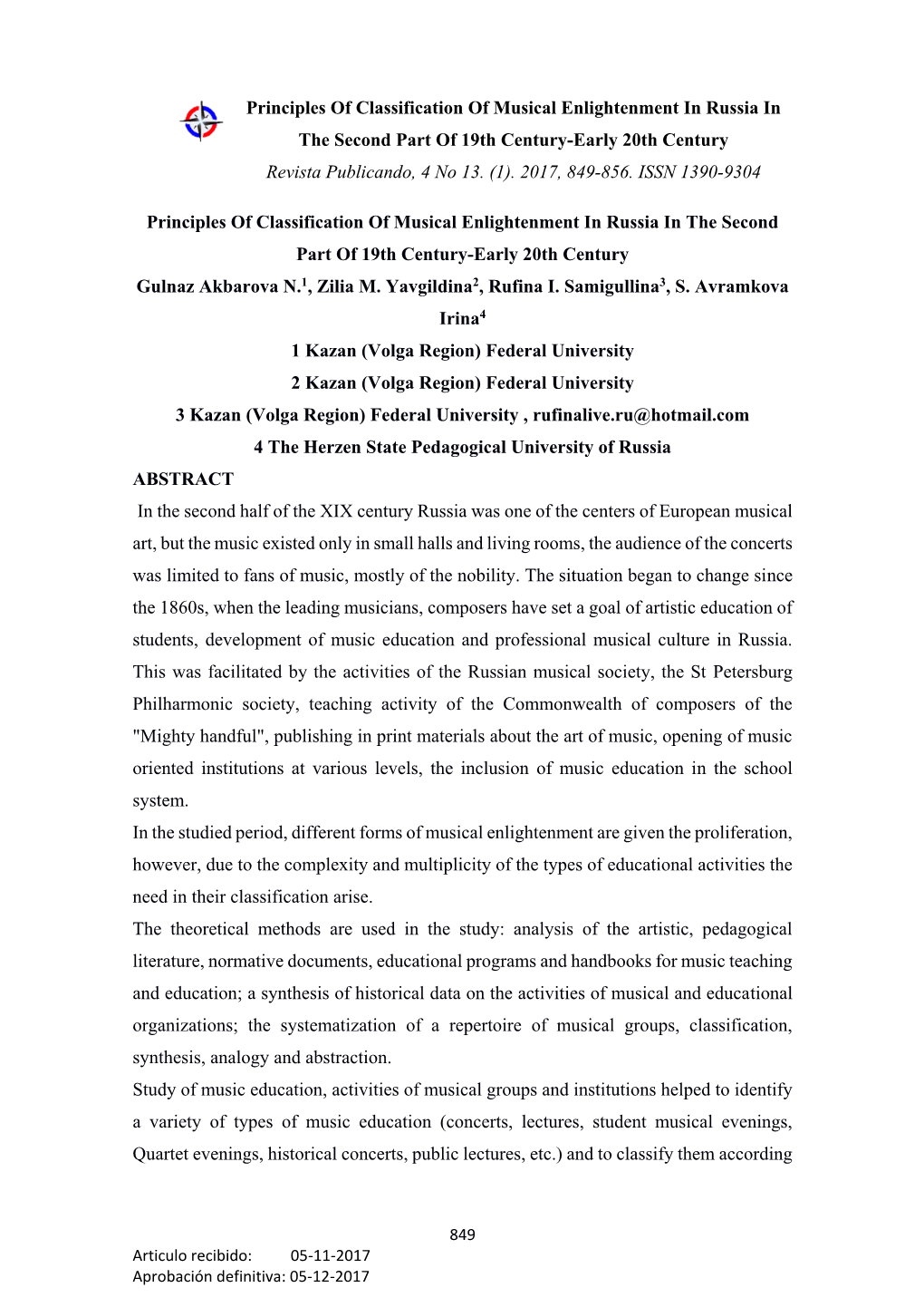 Principles of Classification of Musical Enlightenment in Russia in the Second Part of 19Th Century-Early 20Th Century Revista Publicando, 4 No 13