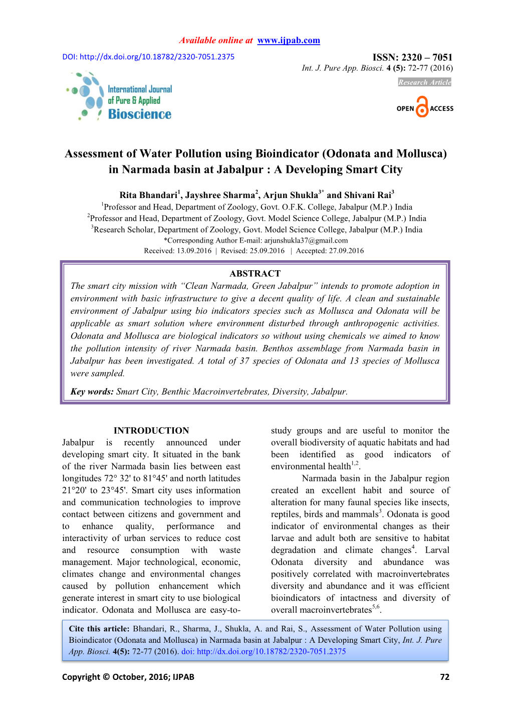 Assessment of Water Pollution Using Bioindicator (Odonata and Mollusca) in Narmada Basin at Jabalpur : a Developing Smart City