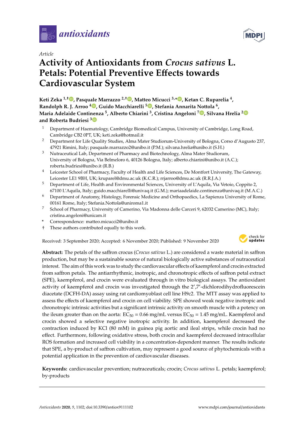 Activity of Antioxidants from Crocus Sativus L. Petals: Potential Preventive Eﬀects Towards Cardiovascular System