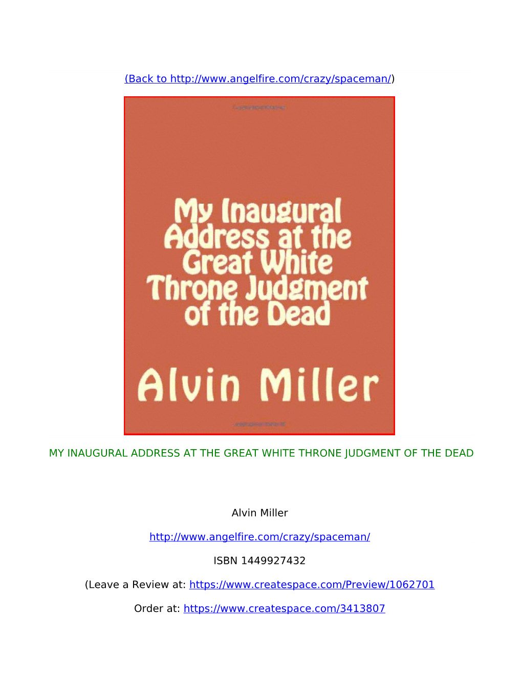 (Back to MY INAUGURAL ADDRESS at the GREAT WHITE THRONE JUDGMENT of the DEAD Alvin