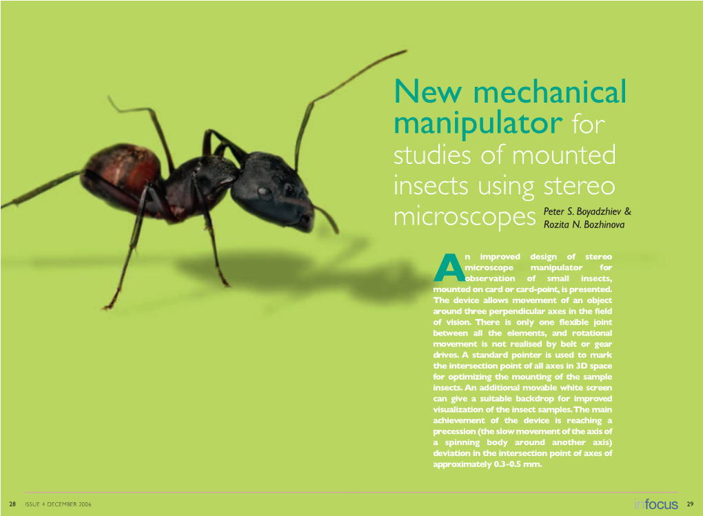 New Mechanical Manipulator for Studies of Mounted Insects Using Stereo Peter S