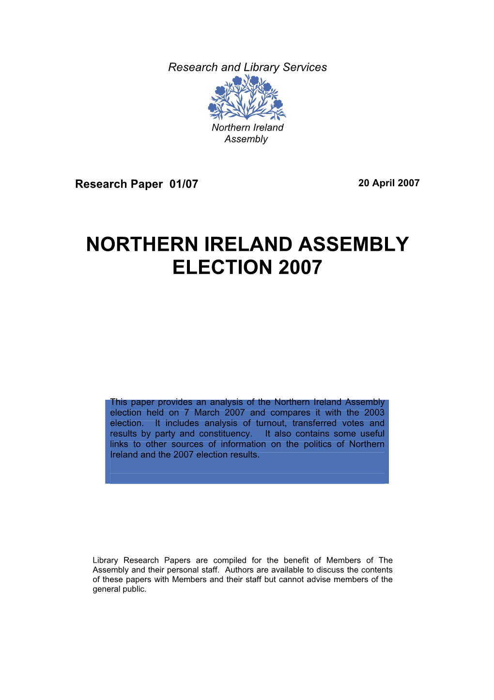 Northern Ireland Assembly Election 2007