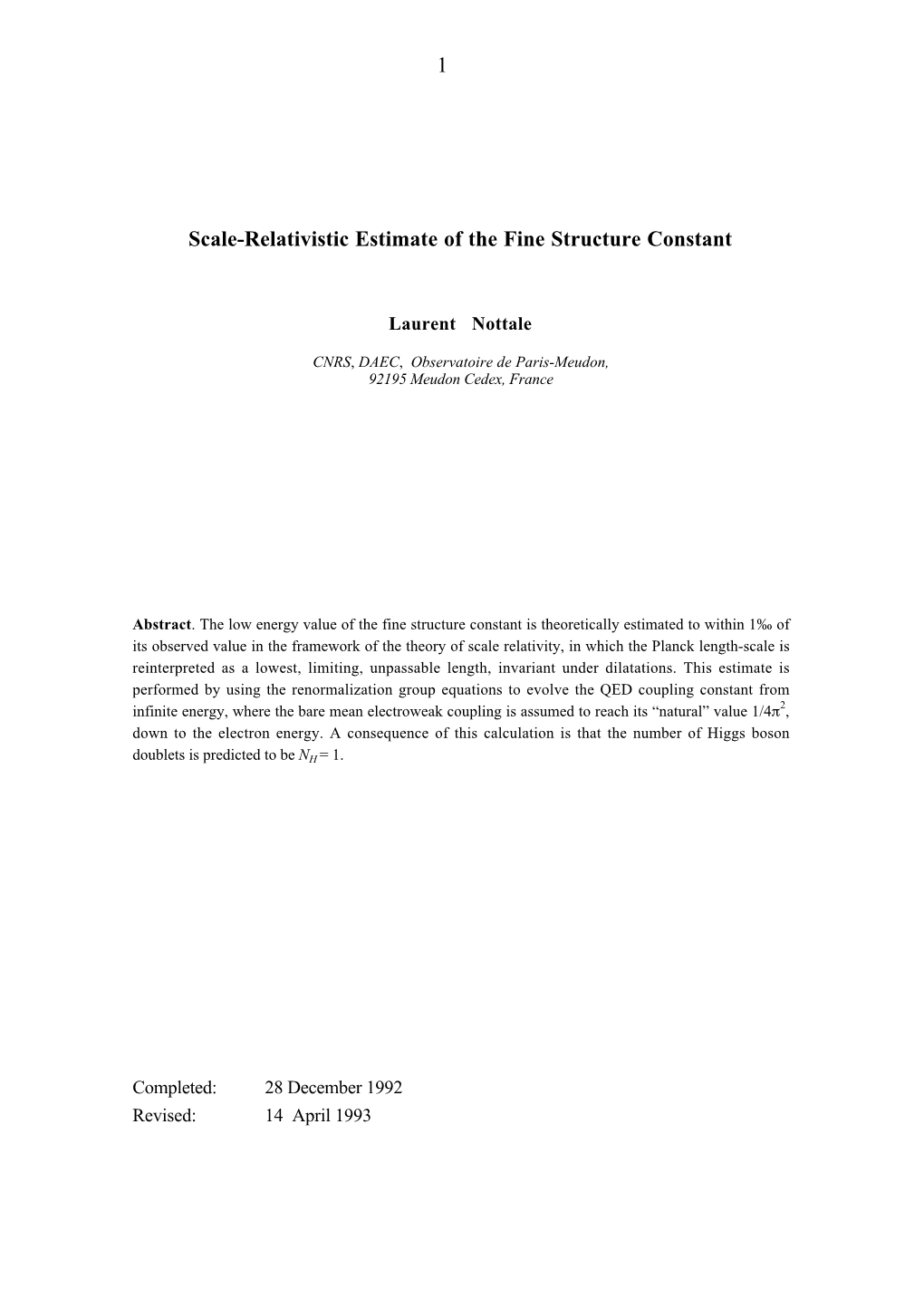 1 Scale-Relativistic Estimate of the Fine Structure Constant