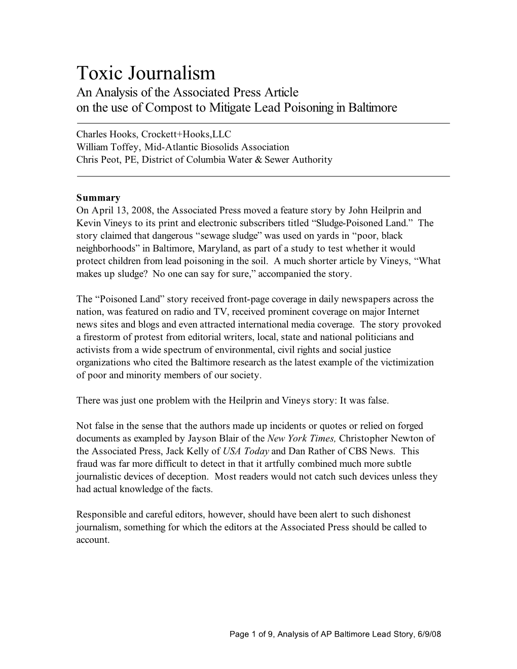 Toxic Journalism an Analysis of the Associated Press Article on the Use of Compost to Mitigate Lead Poisoning in Baltimore