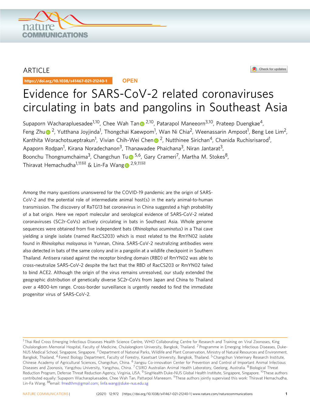 Evidence for SARS-Cov-2 Related Coronaviruses Circulating in Bats and Pangolins in Southeast Asia