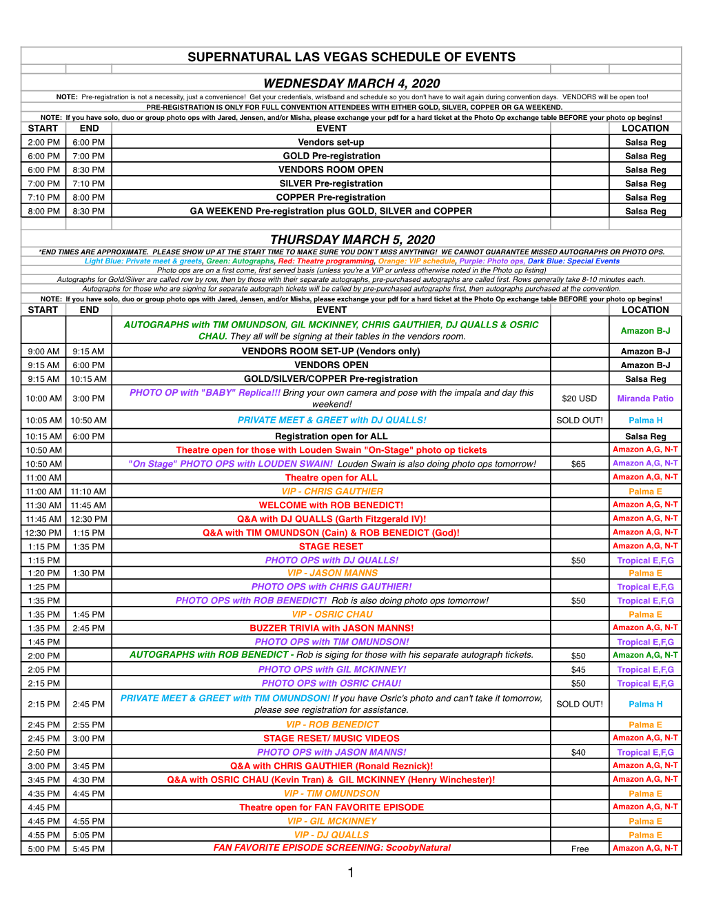 Supernatural Las Vegas Schedule of Events