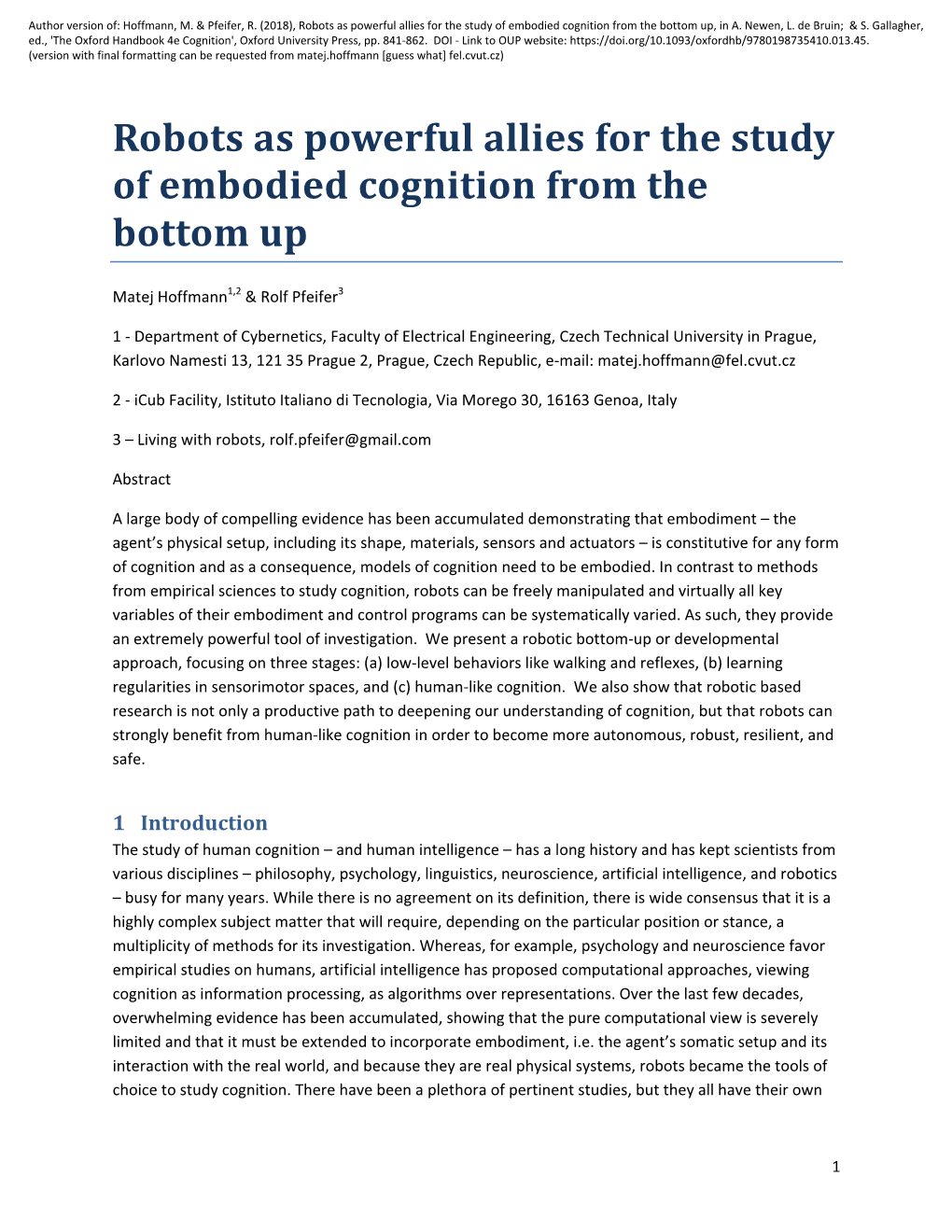 Robots As Powerful Allies for the Study of Embodied Cognition from the Bottom Up, in A