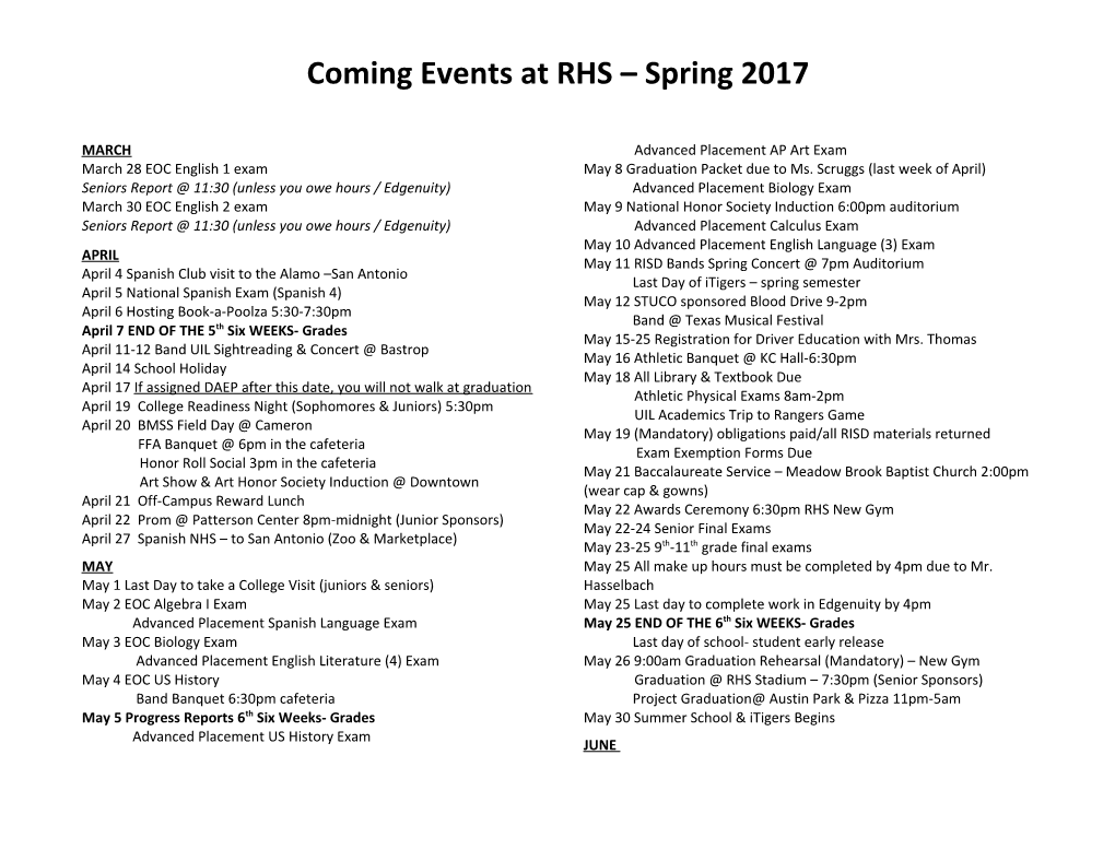 Coming Events at RHS Spring 2015