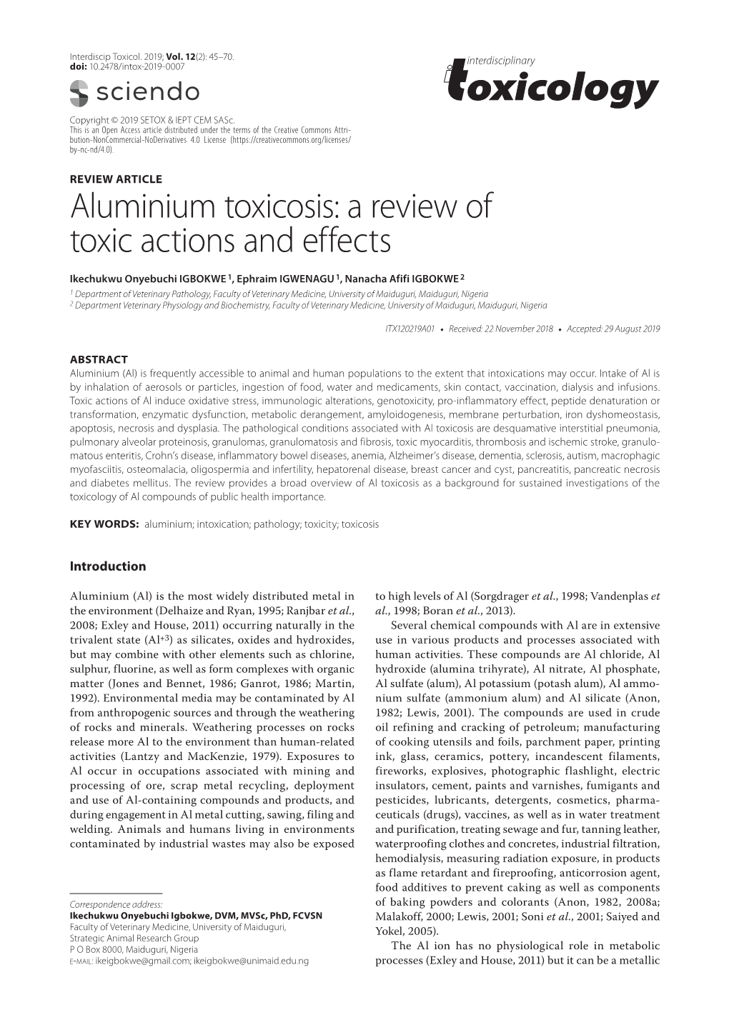 Aluminium Toxicosis: a Review of Toxic Actions and Effects