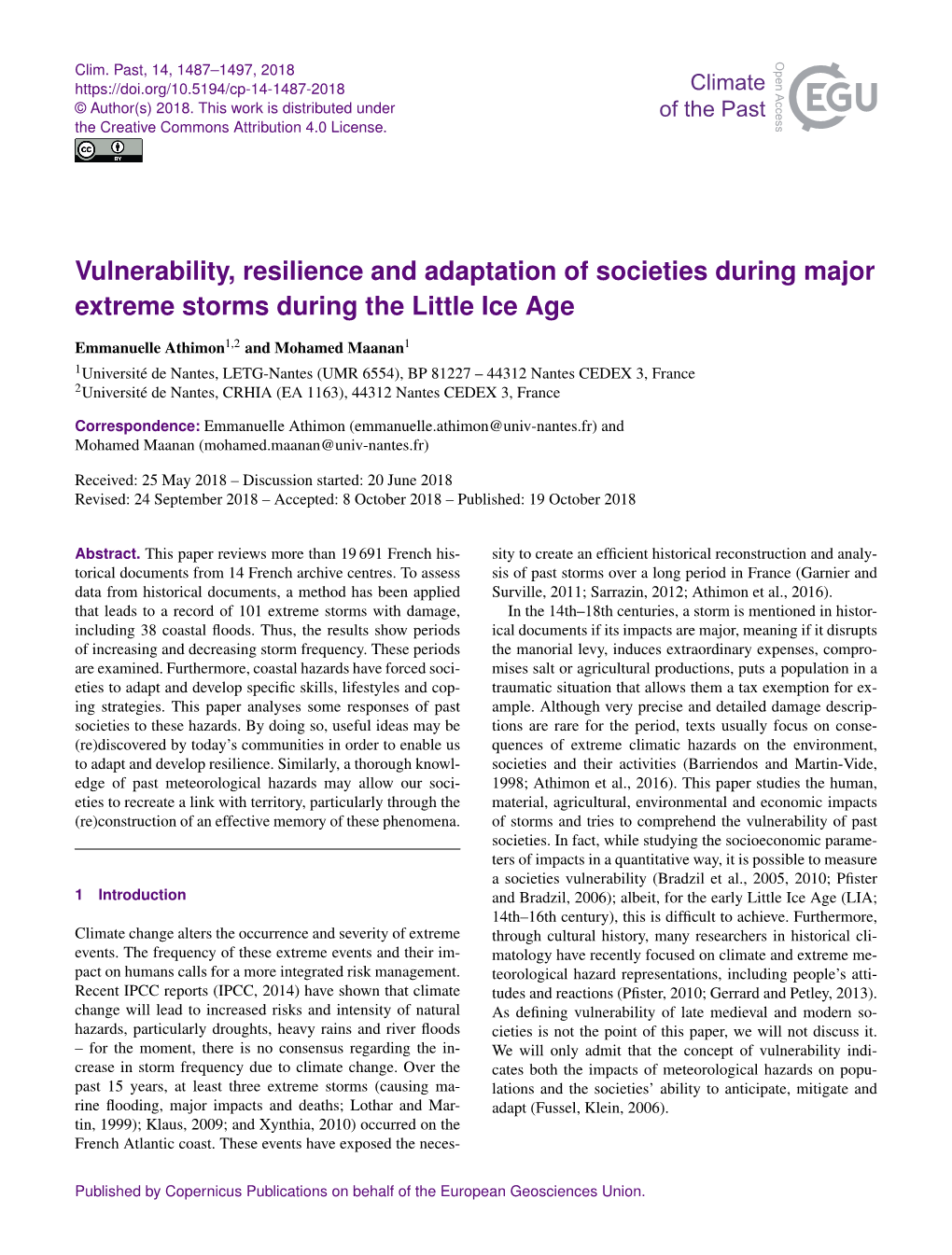 Vulnerability, Resilience and Adaptation of Societies During Major Extreme Storms During the Little Ice Age