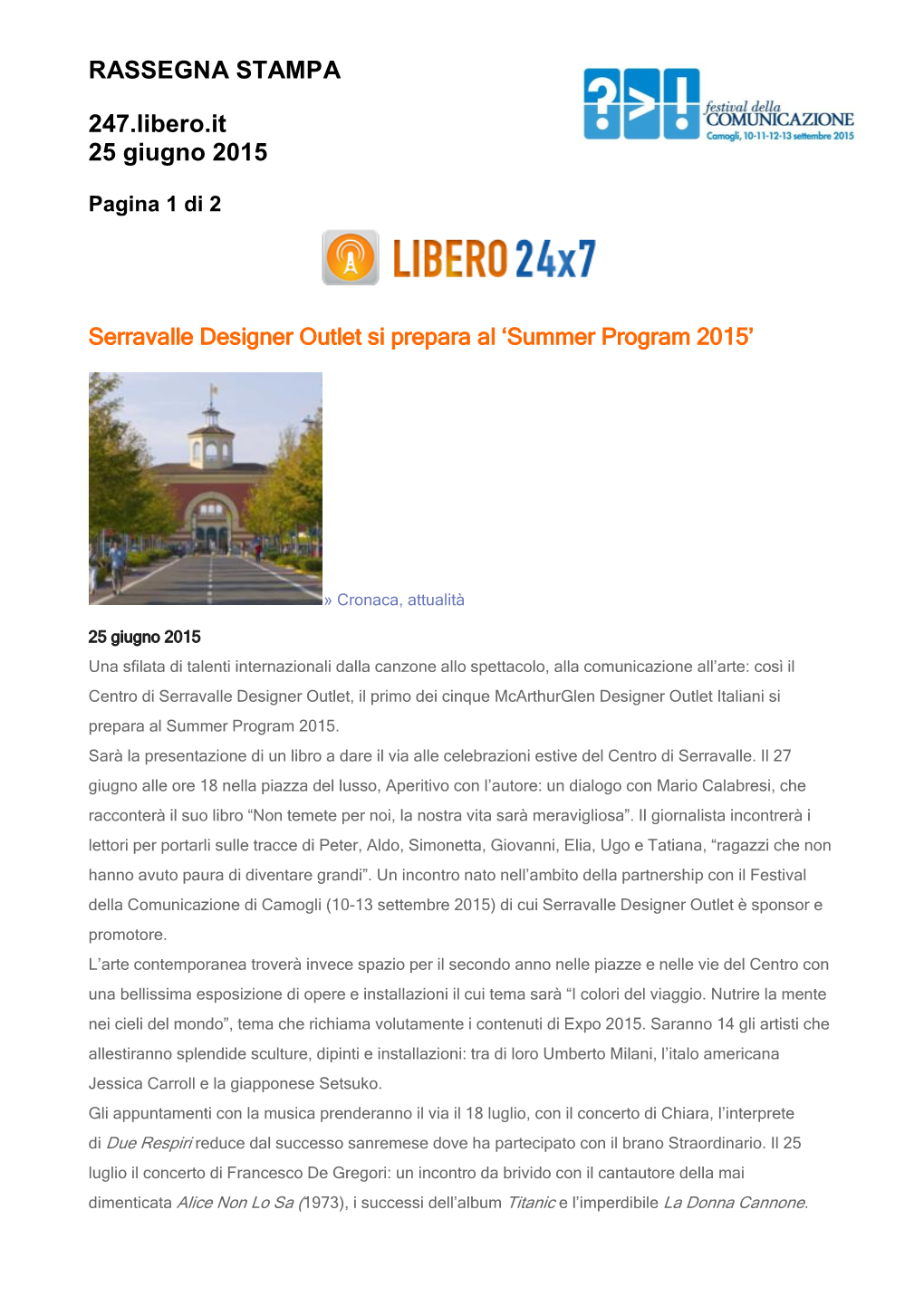 RASSEGNA STAMPA 247.Libero.It 25 Giugno 2015