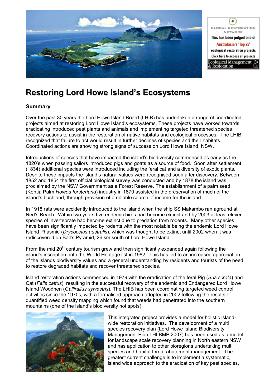 Overview of Recovery Actions Implemented by the Lord Howe