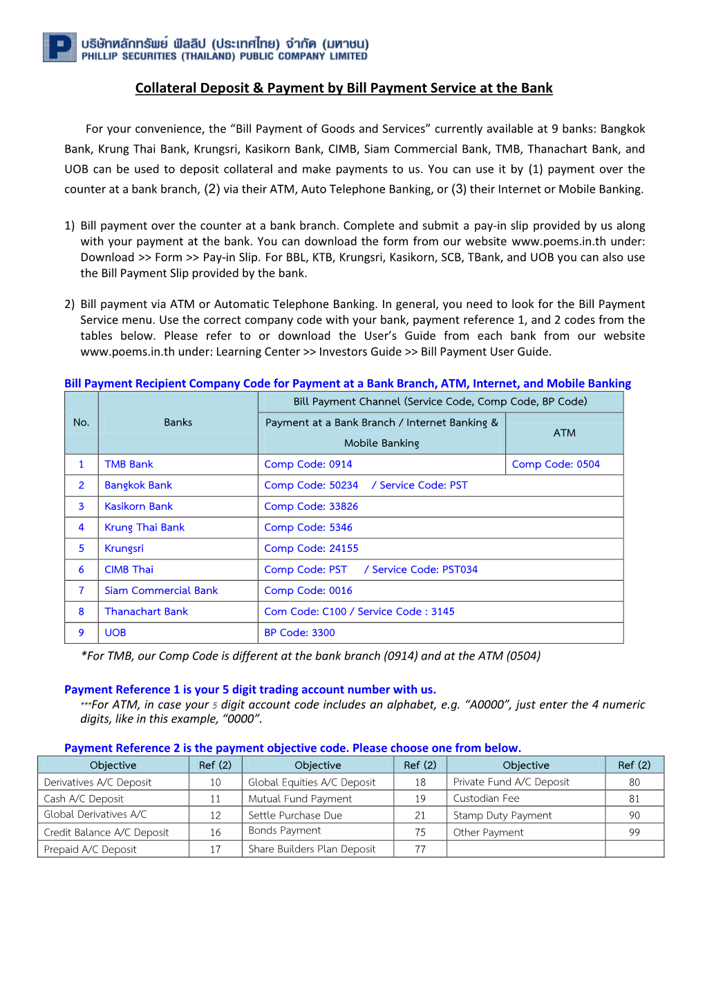 Collateral Deposit & Payment by Bill Payment Service at the Bank No