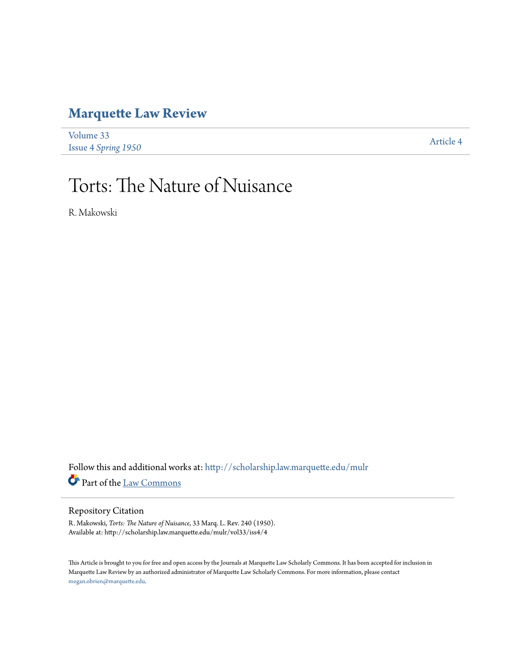 Torts: the Nature of Nuisance, 33 Marq