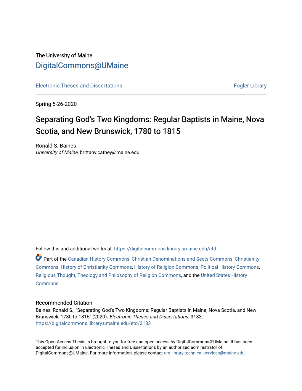 Regular Baptists in Maine, Nova Scotia, and New Brunswick, 1780 to 1815