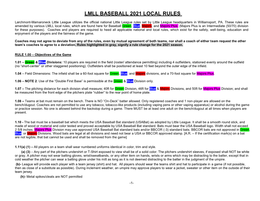 Lmll Baseball 2021 Local Rules