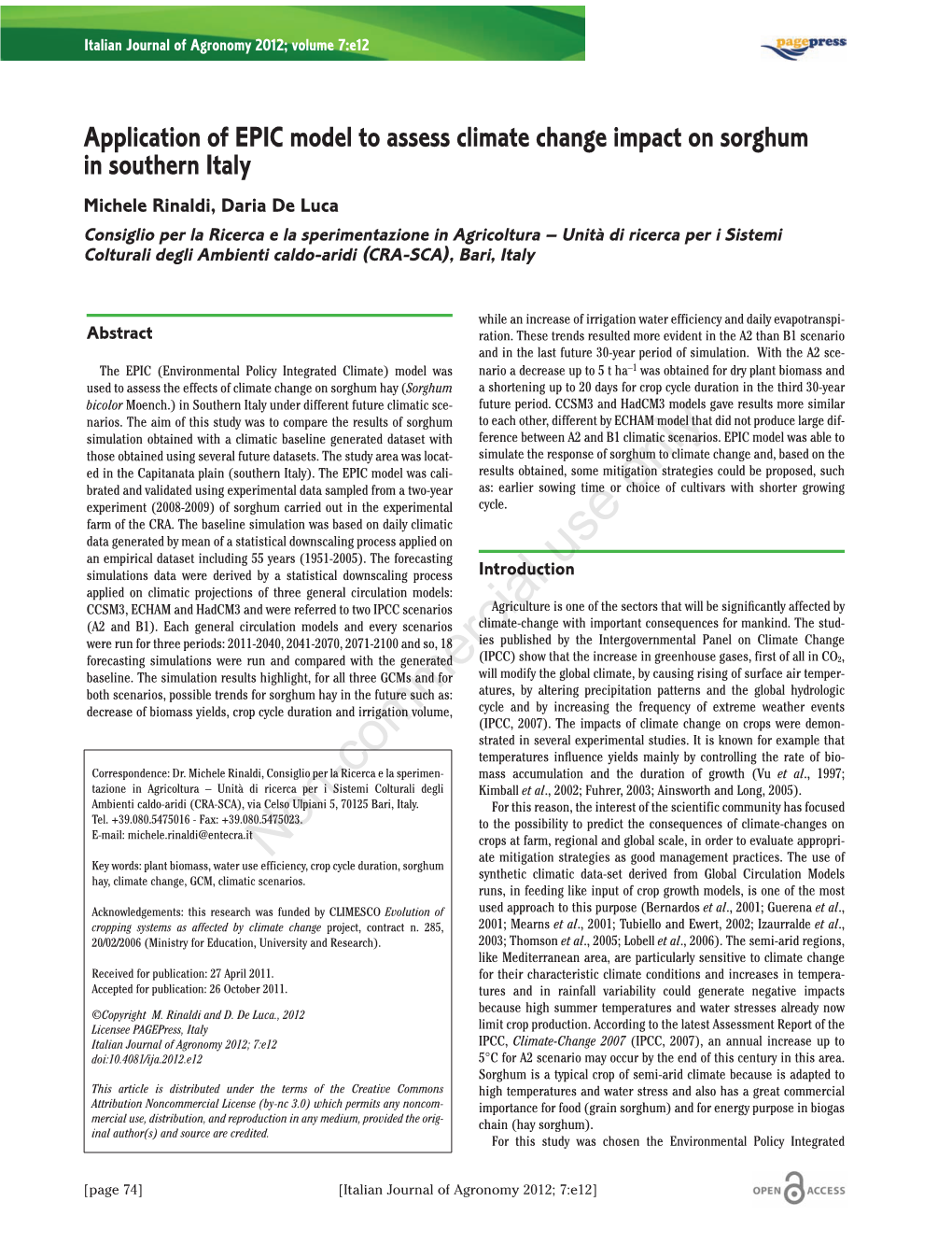 Application of EPIC Model to Assess Climate Change Impact on Sorghum