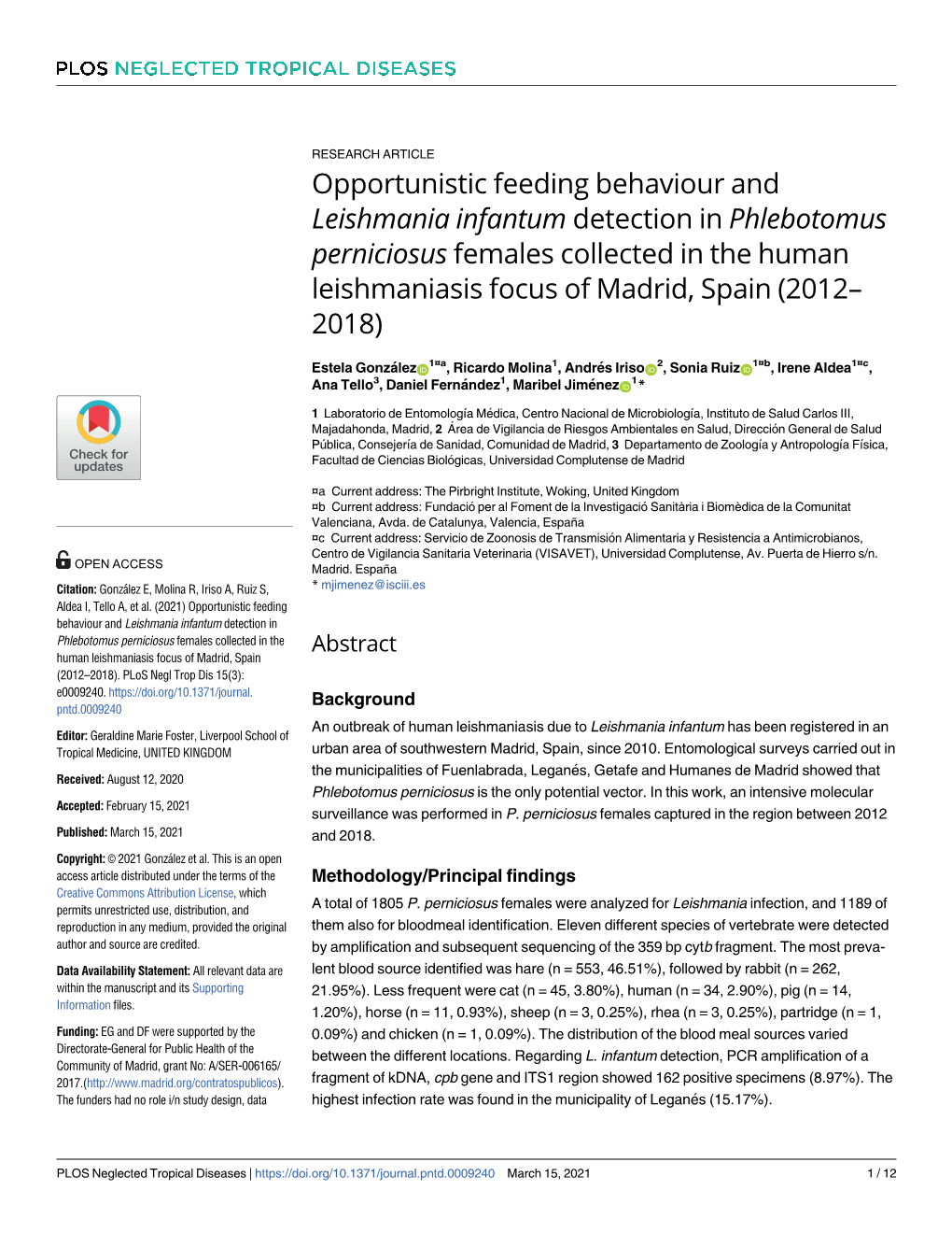 Leishmania Infantum Detection in Phlebotomus Perniciosus Females Collected in the Human Leishmaniasis Focus of Madrid, Spain (2012– 2018)