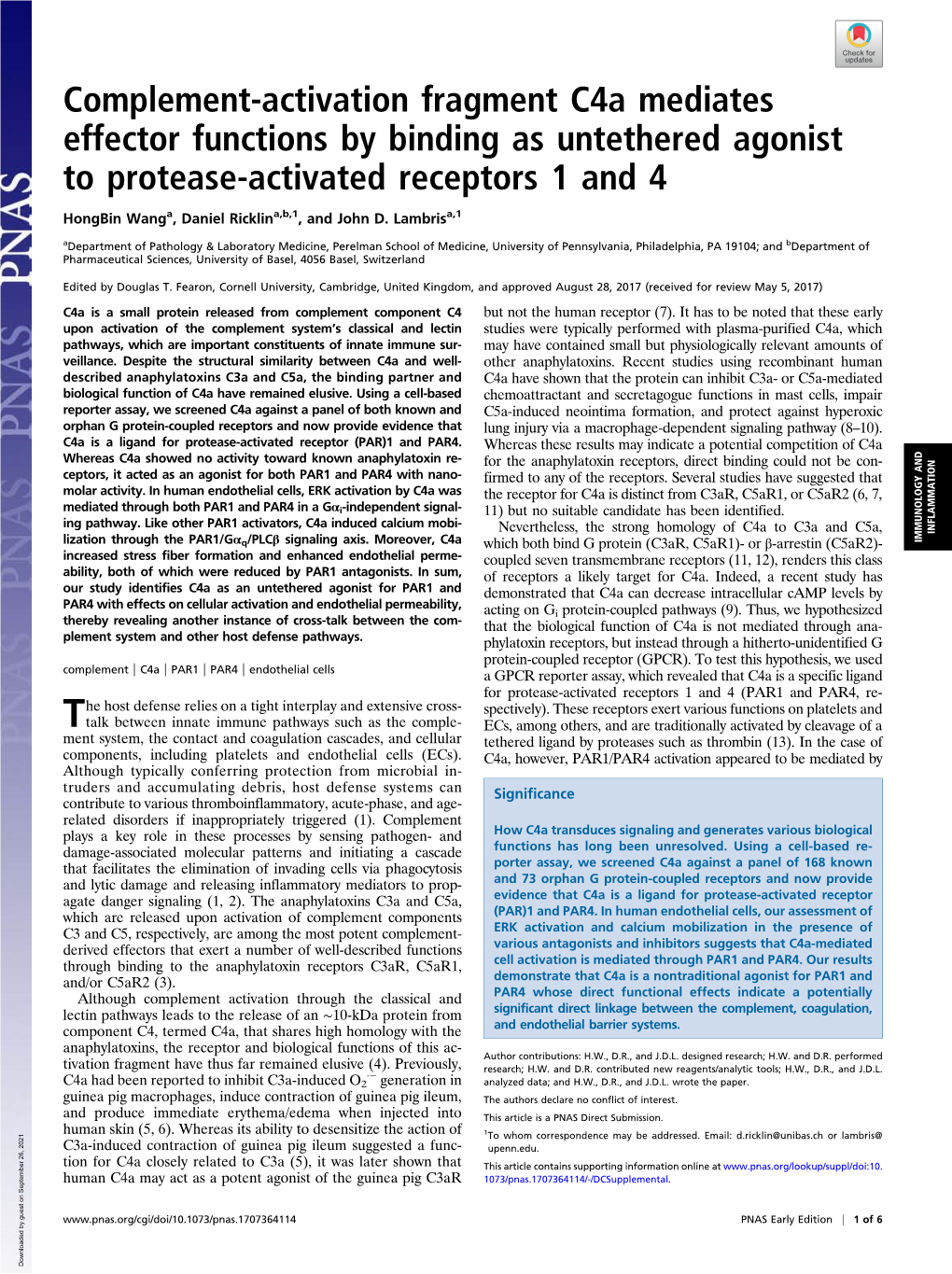 Complement-Activation Fragment C4a Mediates Effector Functions by Binding As Untethered Agonist to Protease-Activated Receptors 1 and 4