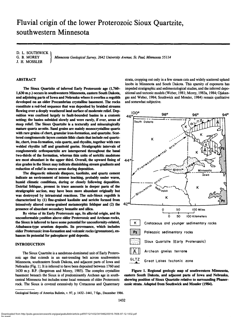 Fluvial Origin of the Lower Proterozoic Sioux Quartzite, Southwestern Minnesota