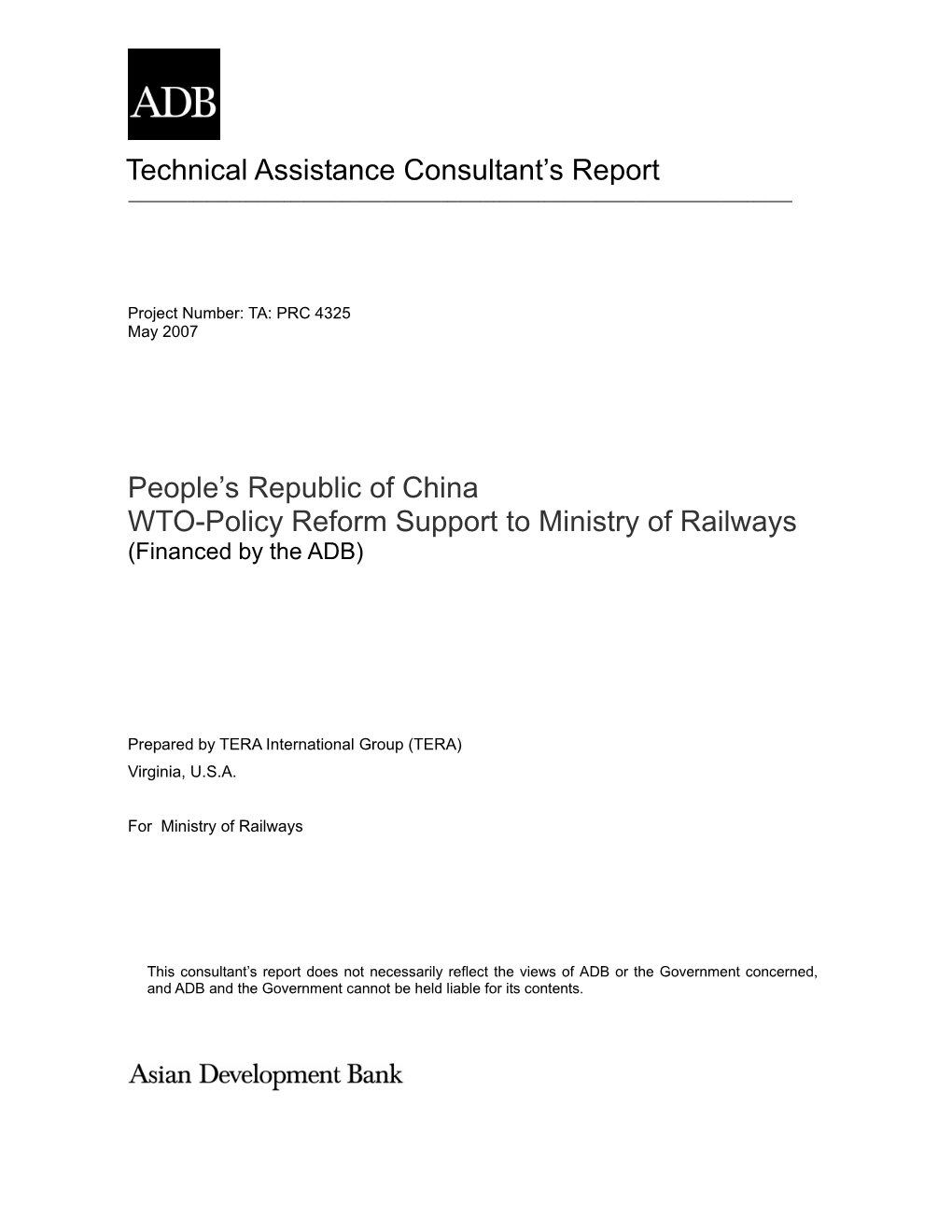 WTO-Policy Reform Support to Ministry of Railways (Financed by the ADB)